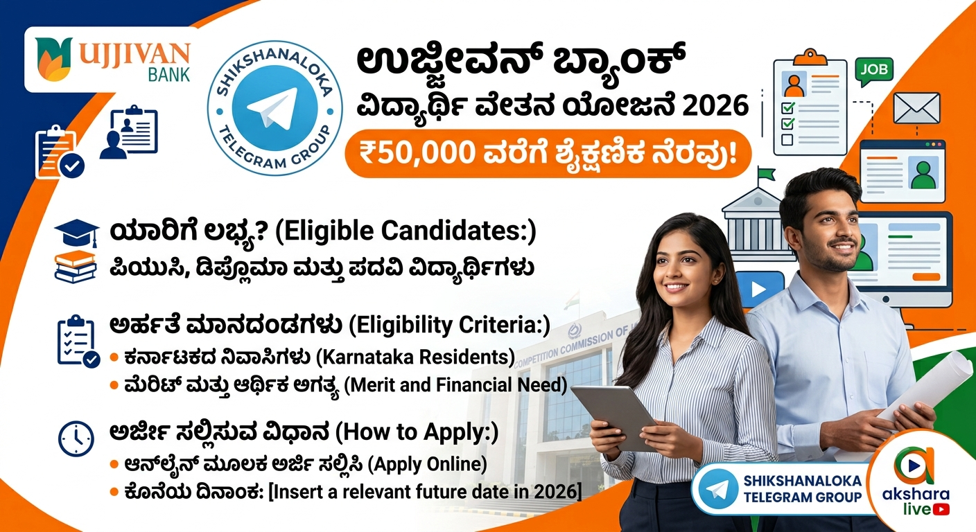 ಉಜ್ಜೀವನ್ ಬ್ಯಾಂಕ್ ವಿದ್ಯಾರ್ಥಿ ವೇತನ ಯೋಜನೆ 2026: ಪಿಯುಸಿ, ಡಿಪ್ಲೊಮಾ ಮತ್ತು ಪದವಿ ವಿದ್ಯಾರ್ಥಿಗಳಿಗೆ ₹50,000 ವರೆಗೆ ಶೈಕ್ಷಣಿಕ ನೆರವು.