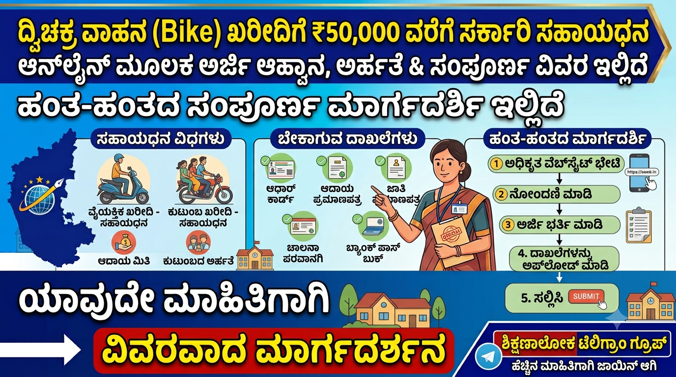 ದ್ವಿಚಕ್ರ ವಾಹನ (Bike) ಖರೀದಿಗೆ ₹50,000 ವರೆಗೆ ಸರ್ಕಾರಿ ಸಹಾಯಧನ: ಆನ್‌ಲೈನ್ ಮೂಲಕ ಅರ್ಜಿ ಆಹ್ವಾನ, ಅರ್ಹತೆ & ಸಂಪೂರ್ಣ ವಿವರ ಇಲ್ಲಿದೆ