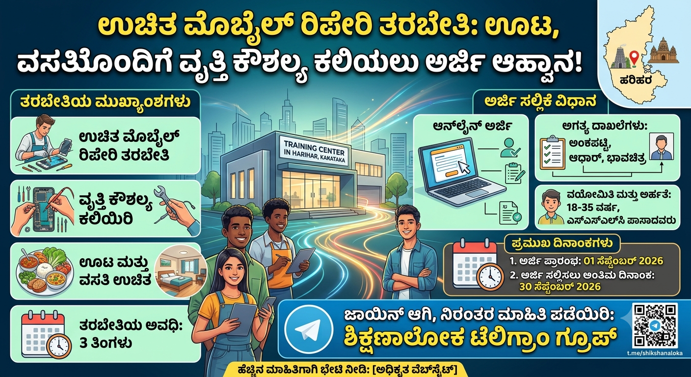 ಉಚಿತ ಮೊಬೈಲ್ ರಿಪೇರಿ ತರಬೇತಿ 2026: ಊಟ, ವಸತಿಯೊಂದಿಗೆ ವೃತ್ತಿ ಕೌಶಲ್ಯ ಕಲಿಯಲು ಅರ್ಜಿ ಆಹ್ವಾನ