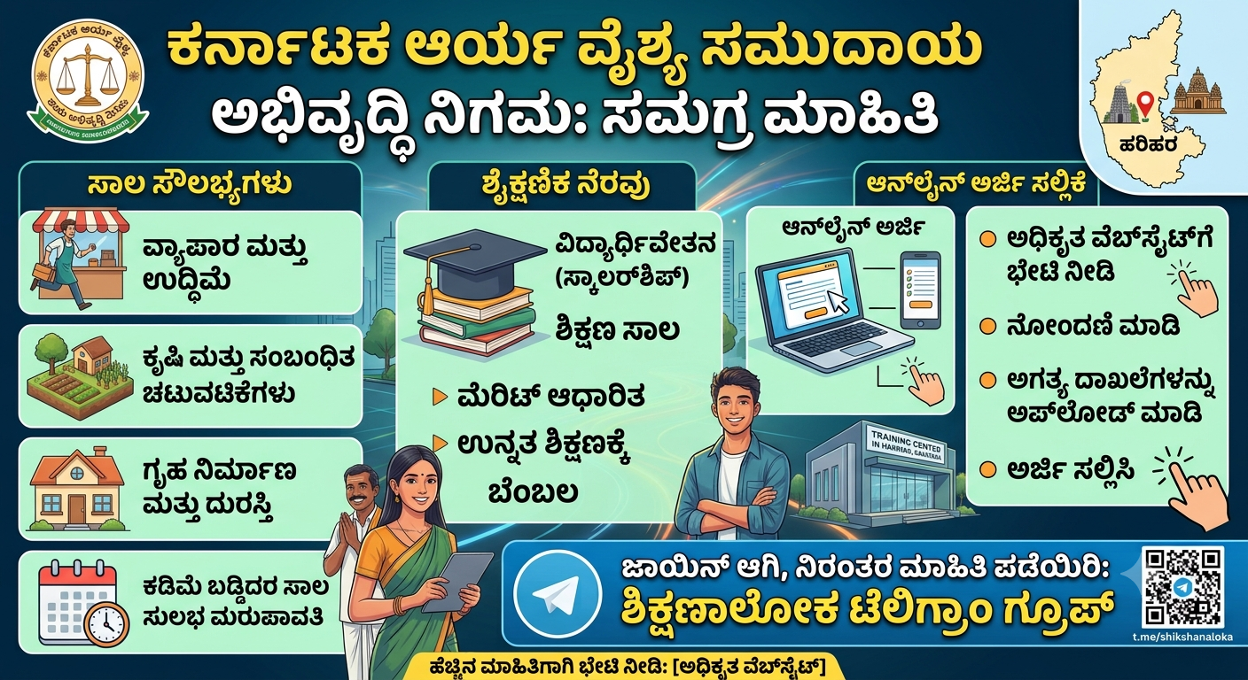ಕರ್ನಾಟಕ ಆರ್ಯ ವೈಶ್ಯ ಸಮುದಾಯ ಅಭಿವೃದ್ಧಿ ನಿಗಮ: ಸಾಲ ಸೌಲಭ್ಯ, ಶೈಕ್ಷಣಿಕ ನೆರವು ಮತ್ತು ಆನ್‌ಲೈನ್ ಅರ್ಜಿ ಸಲ್ಲಿಕೆ ಮಾಹಿತಿ